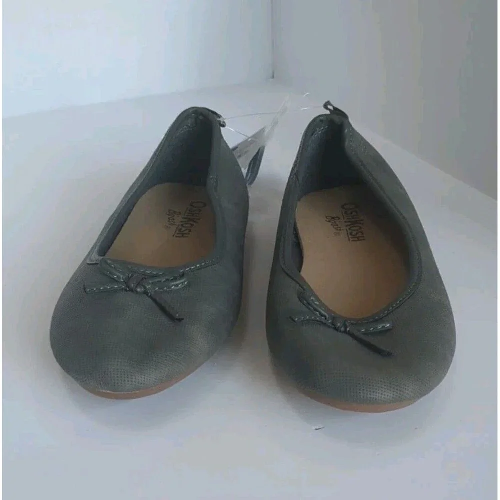 NWT Oshkosh Ballerina Flats Girls 1M Dress Sandals Bow Slip On Dark Grey NEW
